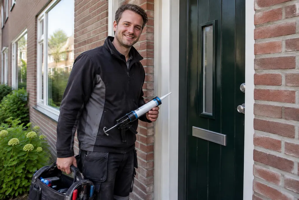 Vakman van Kitbedrijf Houten bij de voordeur van een woning